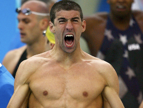 Michael Phelps screaming after winning